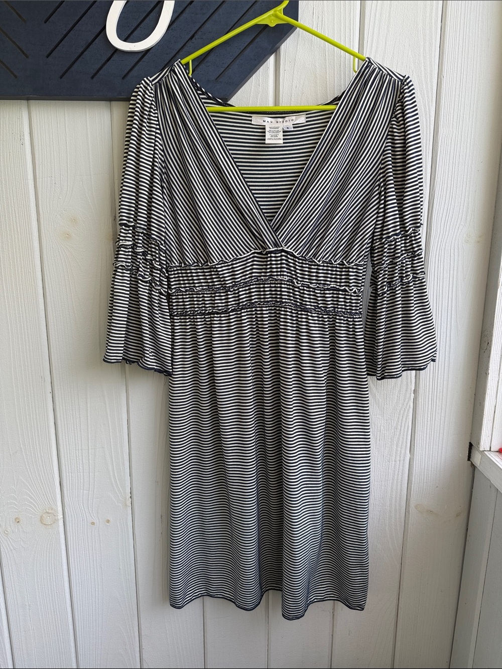 Max Studio Navy & White Striped V-Neck Midi Dress